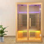 "Indoor Pale Yellow Timber Variable Temperature Tempered Glass Far Infrared Saunas with Floor & Bench, 39.4"L x 39.4"W x 76.8"H"
