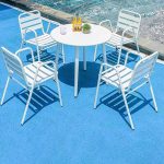 "Stackable White Metal Patio Dining Set - ModernStyle, Table & 4 Chairs - Seats 4 - Square Table & 4 Chairs"