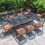 "Weatherproof Mid-Century Modern Brown Metal Rectangular Patio Dining Set - Table & 8 Chairs 74"L x 39.4"W x 29.5"H"