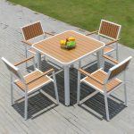 "Contemporary Stacking Metal Dining Armchair with Arm Patio Dining Armchair - Wood Color 4 Piece Set"