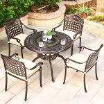 "Contemporary 5-piece Outdoor Dining Set Black Weather-tolerant with Orbicular Table and Alloy Chair, Table & 4 Chairs, 35.4"L x 35.4"W x 28.7"H, Light Wood Grain"