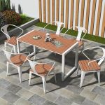 "Rectangular Wood and Iron Patio Dining Table for Outdoor Use with Brown Table Top - Table Only 55.1"L x 27.6"W x 29.5"H Blue"