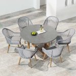 "7 Pieces Teak Round Outdoor Concrete Dining Set with Gray Table Woven Armchair 6-Person"