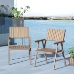 "Modern Aluminum & Wood Outdoor Dining Chair Patio Armchair in Natural & Gray (Set of 2)"