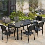 "4-person Ink Composite Wood Outdoor Dining Set, Square Table, Fire-safe, Stackable, with Strap Back, 31.5"L x 31.5"W x 28.3"H, Table & 4 Chairs"