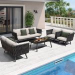 "Minimalist Black Alloy Sofa for 3 People with Pillow, UV Resistant, and Cushion, 3-Seater Sofa"