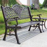 "White Art Deco Park Bench with Curved Seat, Metal Seating, Curved Arm & Back, Hydrophobic, White, 59"L x 24"W x 34"H"