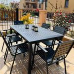 "Antique 7 Piece Set Midnight Black Incombustible Manufactured Wood Patio Dining Set with Strap Back Chair, 63"L x 35.5"W x 28.3"H, Table & 6 Chairs"