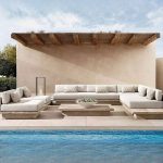 "Single Mid Seat with Ottoman, Brown Lumber Frame, Chalk Polyester Blend Upholstery, Removable Cushion, UV Resistant, Ottoman"