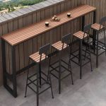 "Waterproof Brown Rectangular Tabletop Courtyard Bar Table Set with Black Metal Legs - Table Only 86.6"L x 15.7"W x 41.3"H"