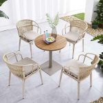 "Wood Color Outdoor Dining Set with Metal Chairs, 5 Piece Set, UV-proof, Simplistic Style, 27.6"L x 27.6"W x 28.3"H, Table & 4 Chairs"