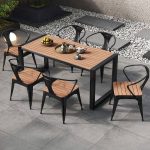 "Modern Simple Style 7-Piece Outdoor Dining Set with Manufactured Wood Seating, Auburn Table, and Weatherproof Durability, Black, 51.2"L x 27.6"W x 29.5"H, Table & 6 Chairs"