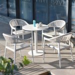 "Weatherproof White Wicker Patio Dining Set with Set of Stackable Chairs - Table & 4 Chairs 63"L x 30"W x 29"H"
