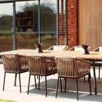 "Modern Metal Arm Chair with Brown Wicker Back and Rust-Resistant Steel Frame for Patio Dining - 6 Piece Set"