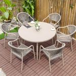 "Modern Stackable Brown Metal Arm Chair with Wicker Back for Patio Dining - 6 Piece Set"
