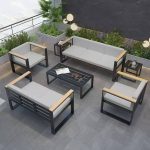 "7 Piece Set Outdoor Sofa Conversation Set with Sofa , Midnight Black Alloy 3 Tables and Dove Grey Synthetic Fabric Upholstered, 7 pcs (2 Chairs & 3-Seater Sofa & Coffee Table & 2 Side Tables)"
