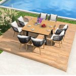 "Modern Black Patio Dining Set: Metal Frame, Upholstered White Cushions, Leaf Not Included - 2 Tables & 12 Chairs 61"L x 39"W x 30"H"