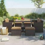 "Modern UV Resistant White Patio Dining Set with Upholstered Chairs and Removable Cushions - Grey Wood Table & 2 Chairs & 4 Benches 57"L x 46"W x 29"H"
