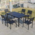 "Waterproof Wooden Tabletop Courtyard Dining Table Metal Frame in Black - Table Only 47"L x 31"W x 28"H"