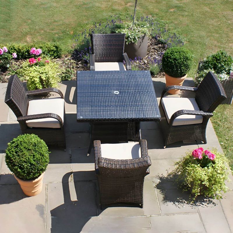 "Glass Brown Dining Table Set with Rattan Chairs for Courtyard - Table & Chair(s) 31.5"L x 31.5"W x 27.6"H 4 Coffee"