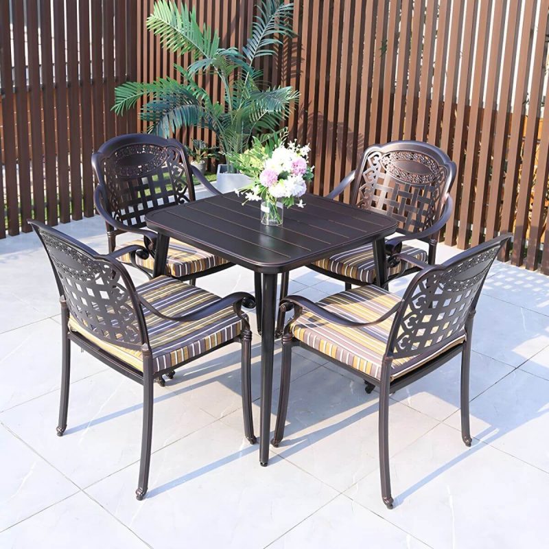 "Modern Brown Patio Dining Set with Upholstered Chairs and Weatherproof Metal Frame - Table & Chair(s) 59.1"L x 35.4"W x 29.5"H 6"