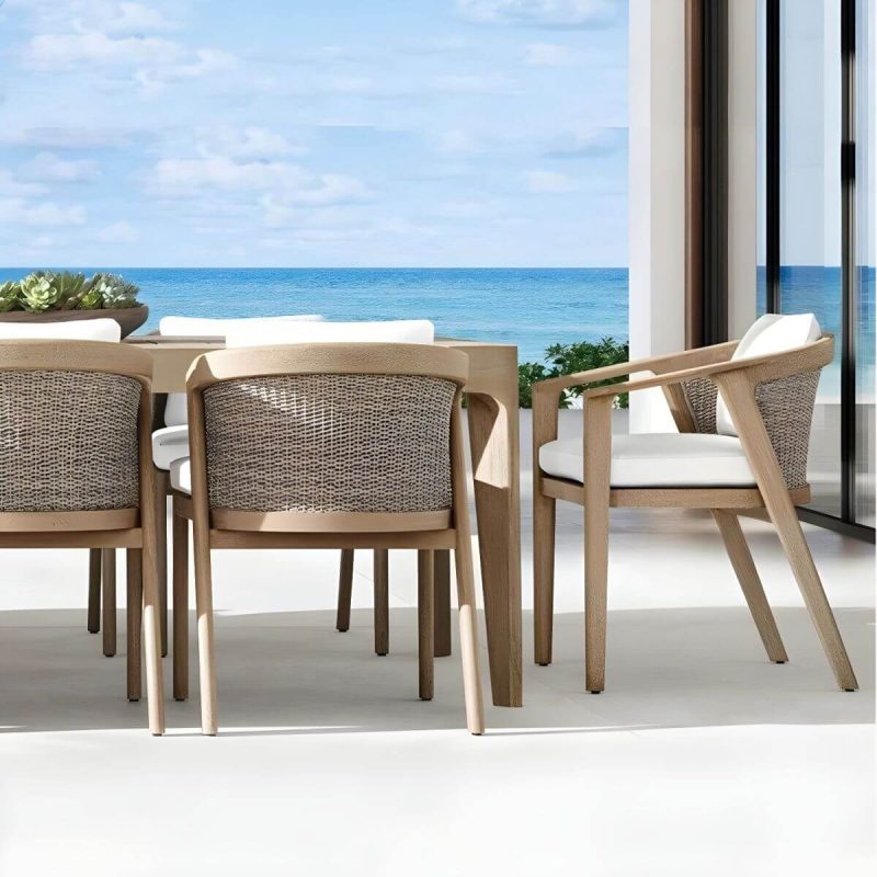 "Modern Wooden Arm Chair with Brown Frame and White Cushions for outdoor dining in the patio - Armless Teak 26"L x 25"W x 41"H"
