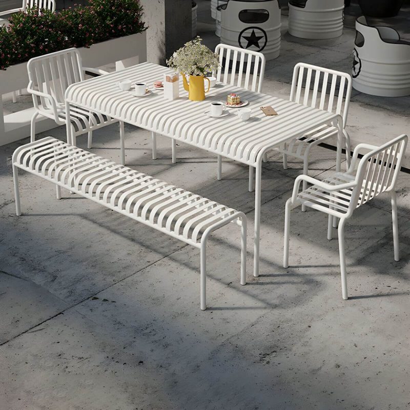 "White Metal Modern Patio Dining Table Waterproof Design without Umbrella Hole - 63"L x 31.5"W x 29.5"H Table Only"
