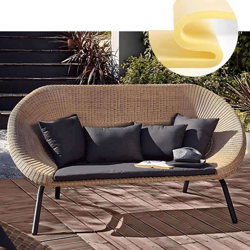 "Waterproof Wicker/Rattan Modern Sofa with Upholstered Black Cushions and Pillows - 2-Seater Sofa"