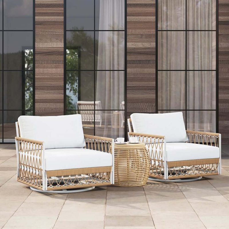 "Ropipe Outdoor Swivel Chair with Hand Woven Rope in Khaki & White"