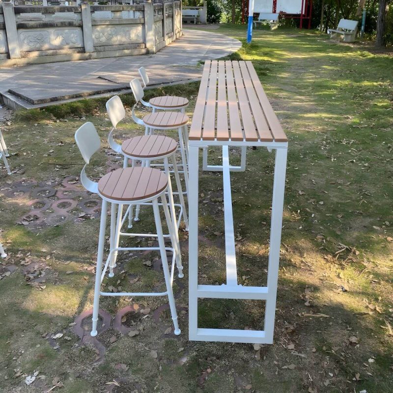 "Manufactured Wood Water Resistant Patio Table Industrial Rectangle Bar Table in Brown - 98.4"L x 15.7"W x 41.3"H Table Only"