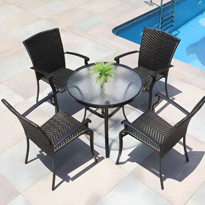 "Contemporary Glass Dining Table Set with Black Woven Chairs for Courtyard - Table & Chair(s) 31.5"L x 31.5"W x 28.3"H 4 Clear"