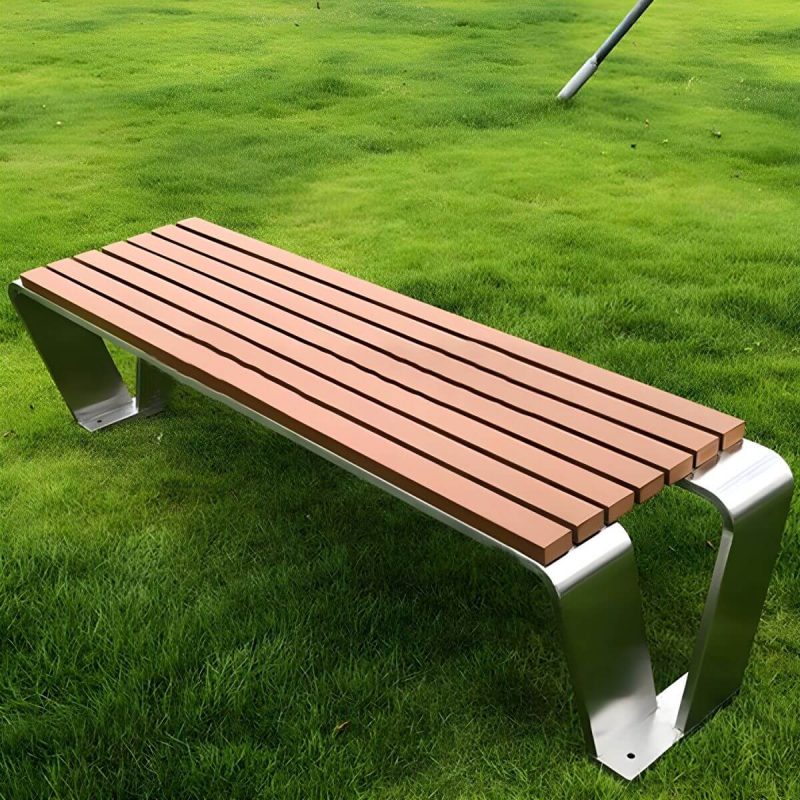 "Industrial Style Park Bench - Stainless Steel Frame, Brown Wood Seat, Water Resistant, Non-Foldable - Coffee"