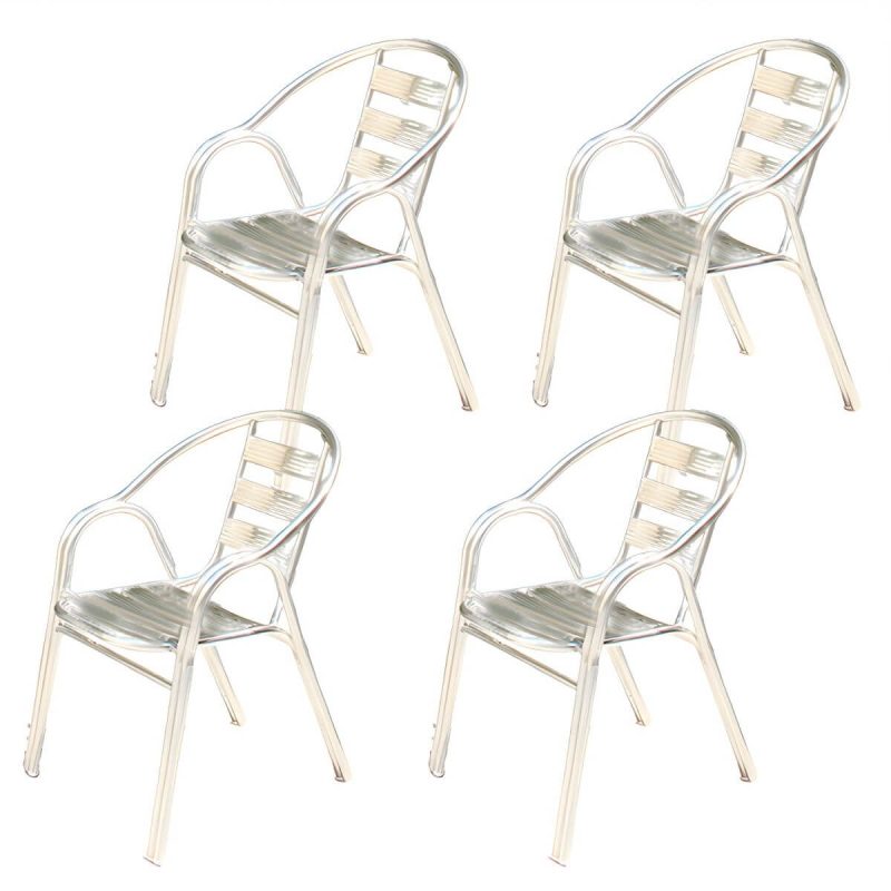 "Silver Modern Armchair Metal Stacking Dining Chairs with Arm - White-Silver 4 Piece Set"