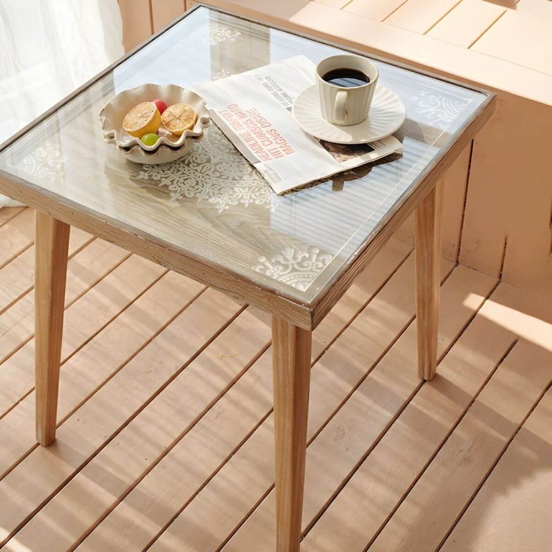 "Modern Square Wood Patio Chat Table with Glass Top in Brown Finish - Table Only 70 x 70 x 75 cm"