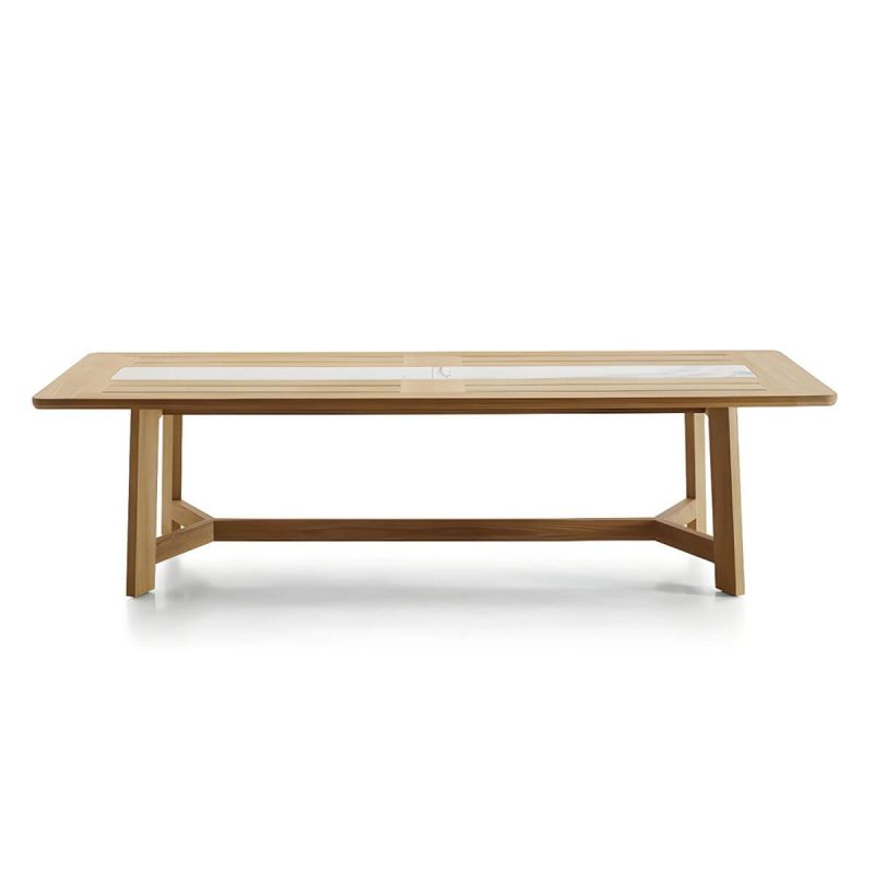 "Teak Wood Modern Patio Dining Table with Umbrella Hole - Waterproof and UV Resistant - Table Only 98"L x 39"W x 29"H Rectangular"