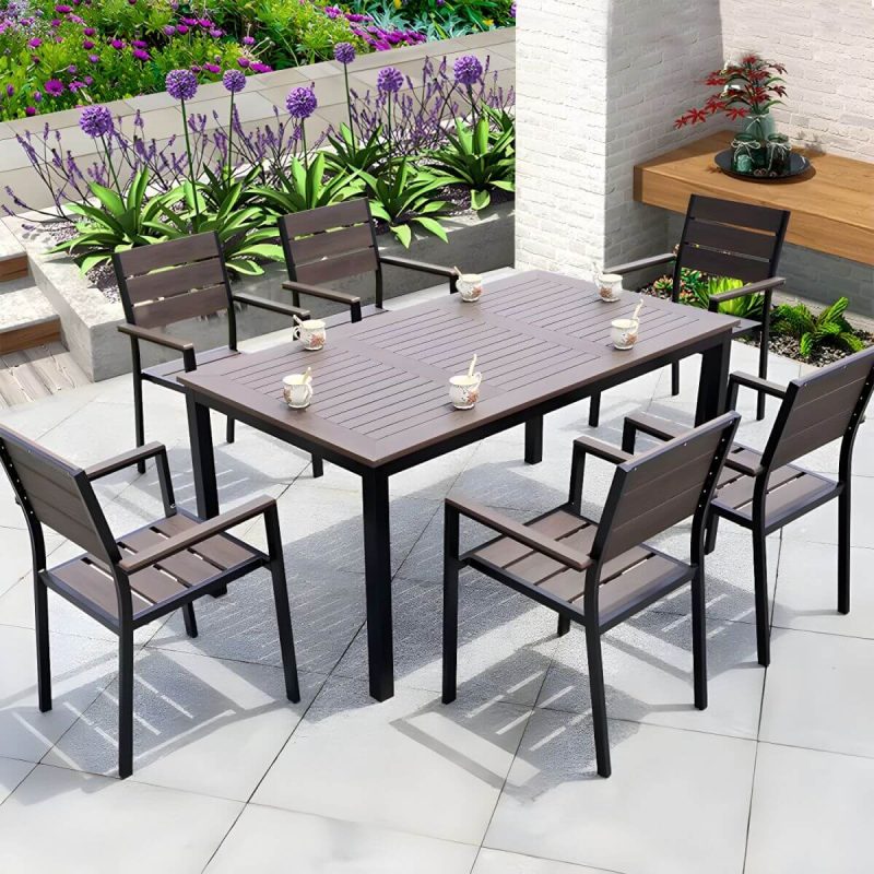 "Contemporary Dining Table Set with Wooden Chair for Courtyard - Table & Chair(s) 63"L x 35.5"W x 28.3"H 6"