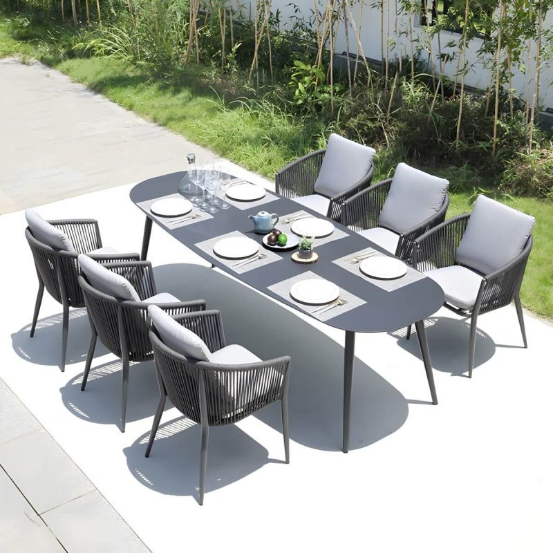 "Contemporary Dining Table Set with Woven Chairs for Courtyard - Table & Chair(s) 240 x 90 x 74 cm 6"