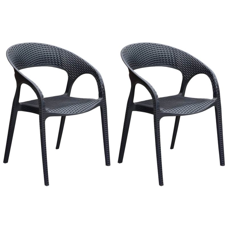"Black Plastic Outdoor Chair Tropical Dining Armchair Stacking Armchair - 2 Piece Set"