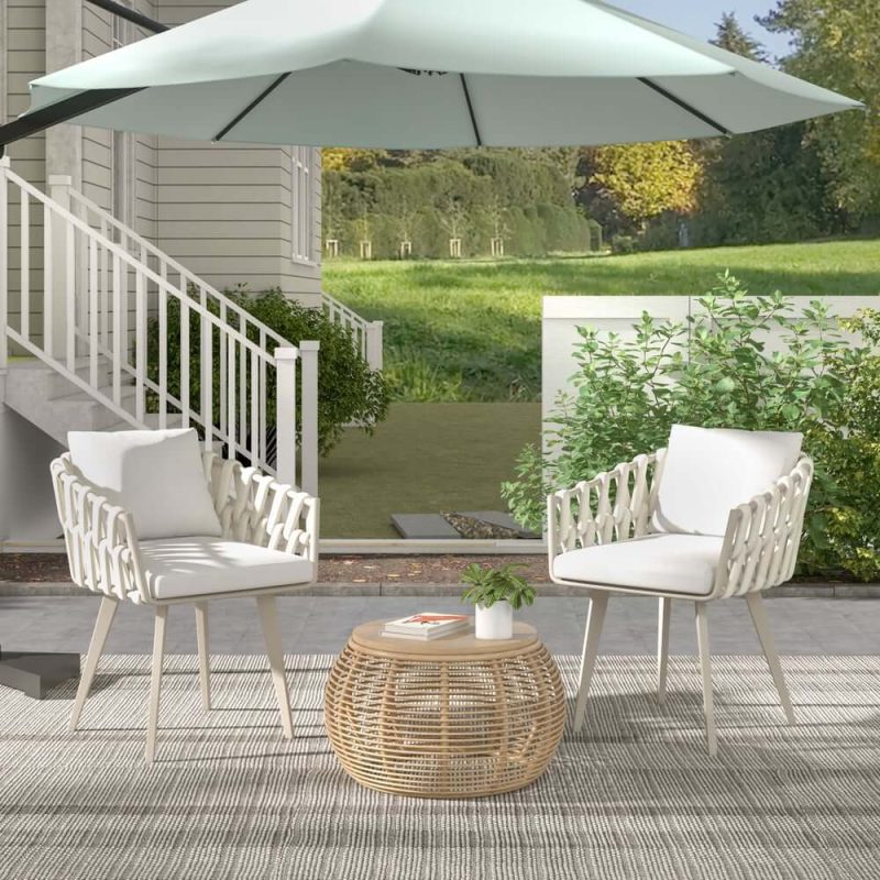 "Set of 2 Hand Woven Rope Outdoor Patio Dining Chair with Cushions in Beige"