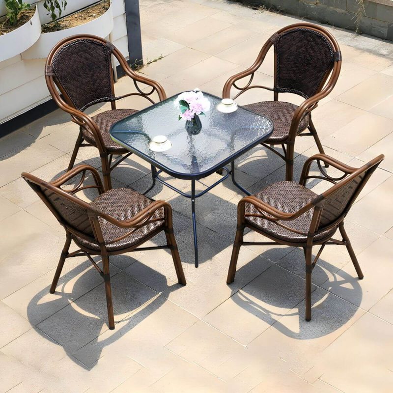 "Modern Brown Glass Top Patio Table Set Metal 4 Legs for Outdoor - Table & Chair(s) 32"L x 32"W x 28"H 4"