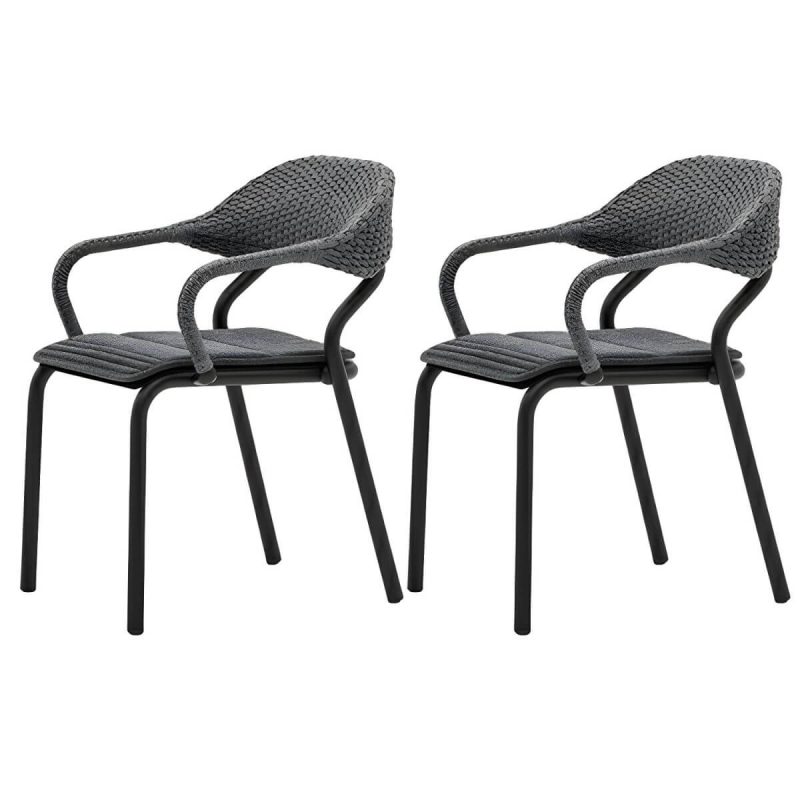 "Modern Gray Metal Patio Dining Arm Chair with Wicker Rattan Back - 2 Piece Set"