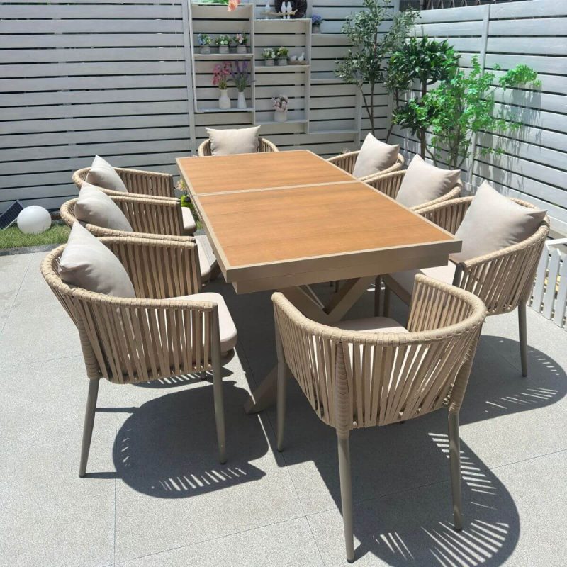 "Casual 9-piece UV-proof Fabric Outdoor Dining Set with Sepia Table, Chair, and Table, 94.5"L x 35.4"W x 29.5"H, Table & 8 Chairs"