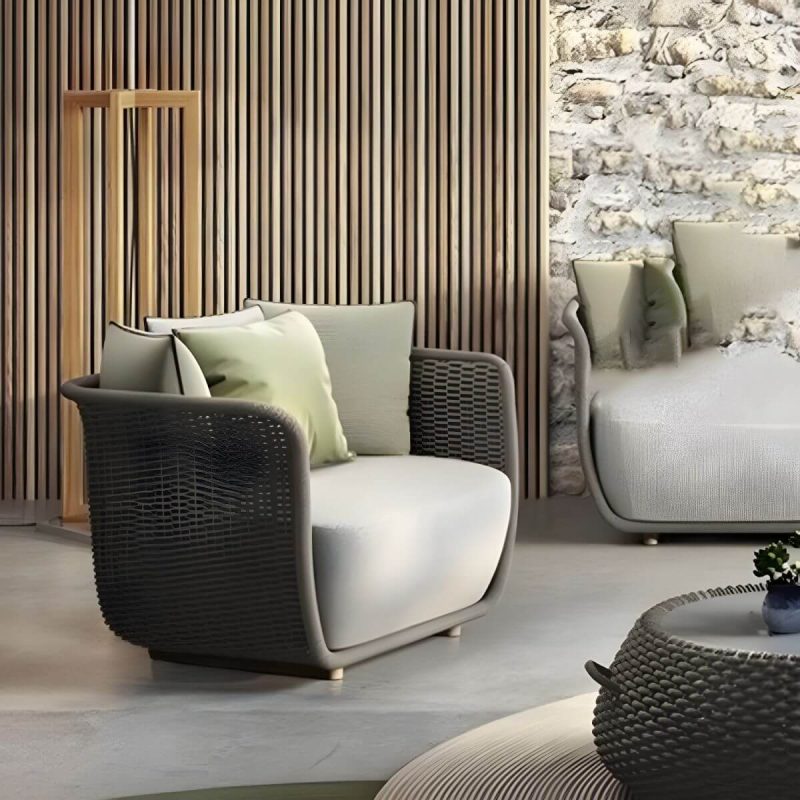 "Waterproof Wicker/Rattan Modern Sofa with Upholstered Cushions and Pillows - Teak Frame - Dark Gray 1-Seater Sofa"