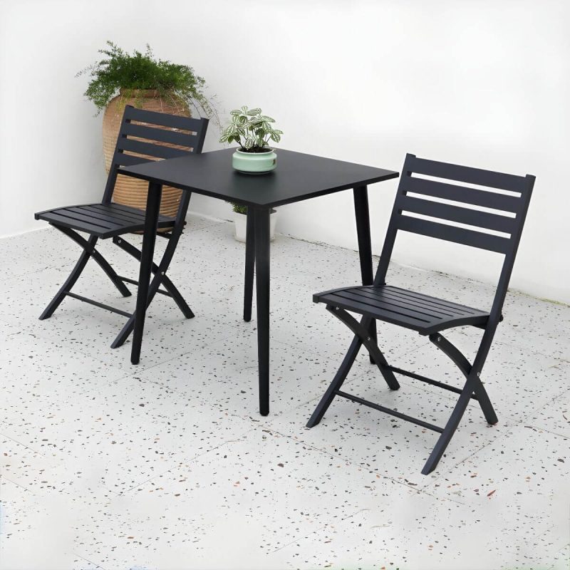 "Metal Modern Folding Patio Dining Set with Strap Back Chairs - Table & Chair(s) 28"L x 28"W x 28"H 2 Black"