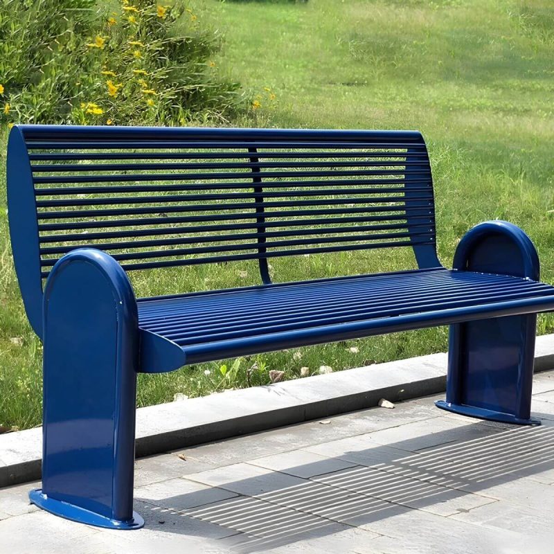 "Industrial Metal Park Bench with Waterproof Durability, Arms, and Back - Royal Blue"