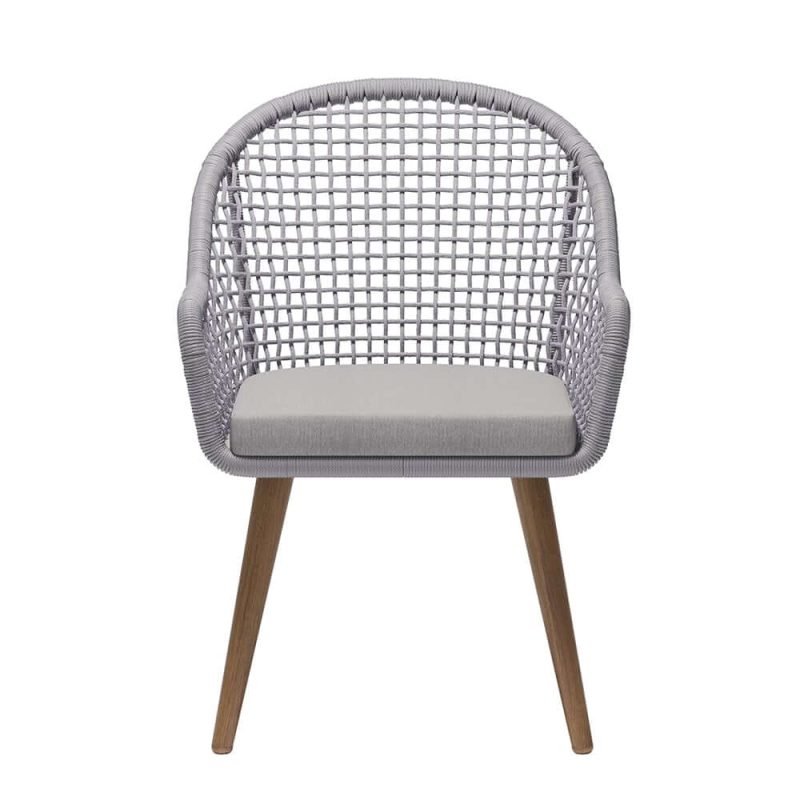 "7 Pieces Teak Round Outdoor Concrete Dining Set with Gray Table Woven Armchair 6-Person"