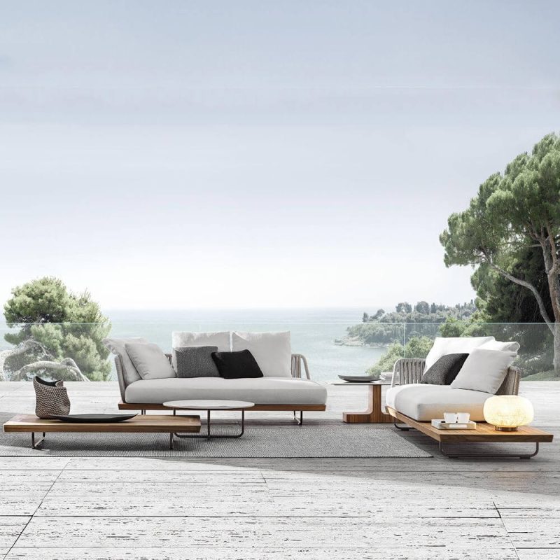 "Orange Linen Fabric Patio Sofa Seating Group with 3 Tables and 5-piece Set, 5-Piece Set (Corner Sofa & Chaise Lounge & 3 Coffee Tables)"