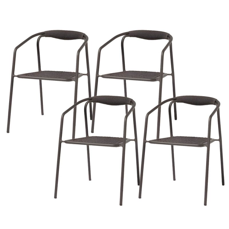 "Farmhouse Aluminum With Arm Open Back Stacking Patio Dining Chair - 2 Piece Set Matte Black Rope"