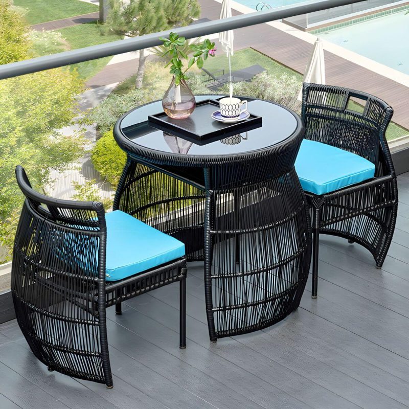 "Modern Black Round Shape Dining Room Chair and Table Set with Woven Chairs - Table & Chair(s) 2"