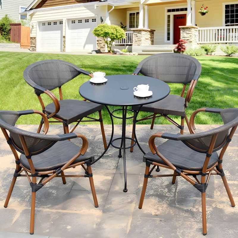"Metal Modern Brown Patio Dining Set with Stackable Chairs and Weatherproof Durability - Table & Chair(s) 70 x 70 x 74 cm 4"
